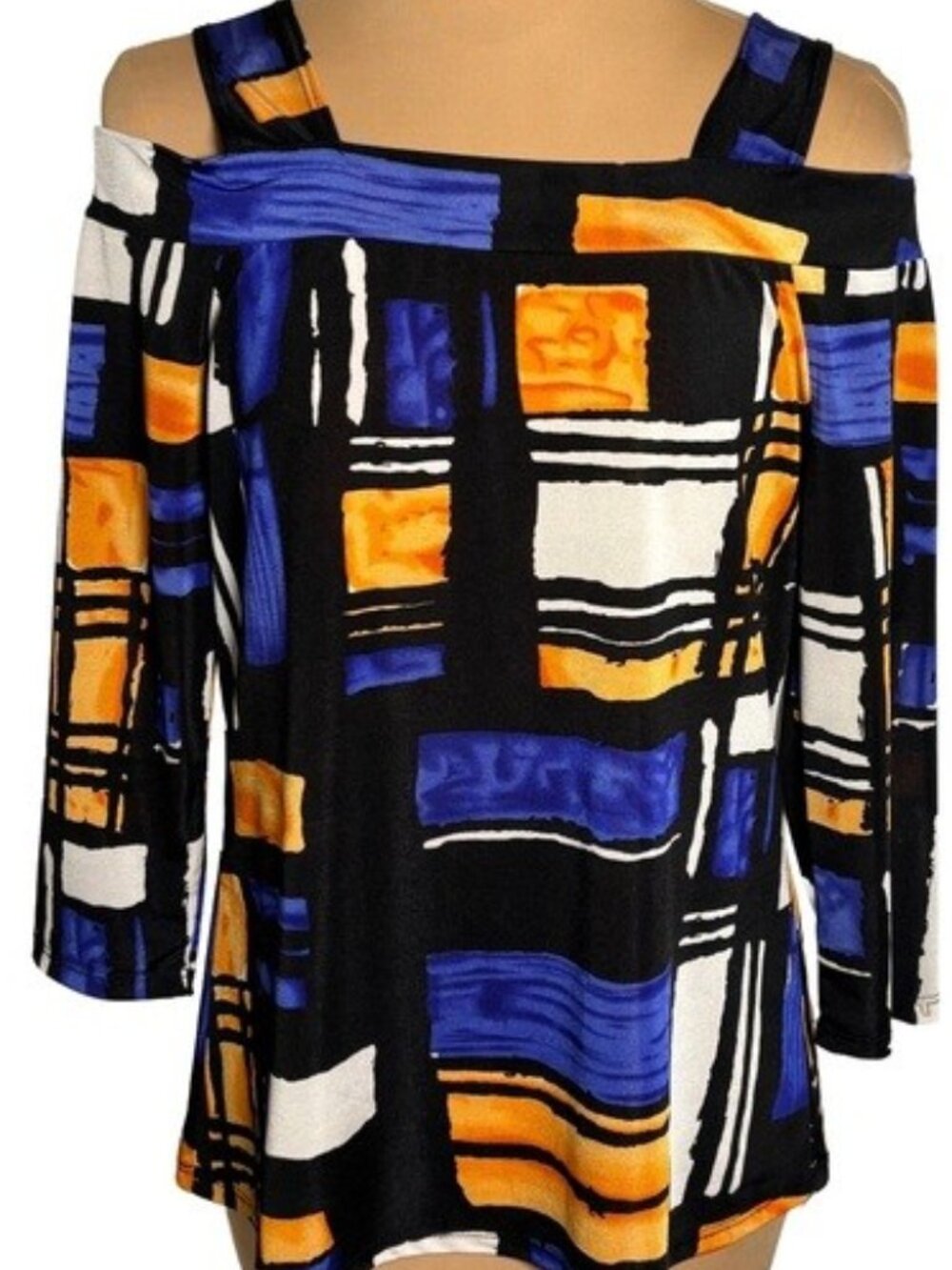 Clara Sun Woo Abstract Cold Shoulder Top Small Blue Orange Geometric